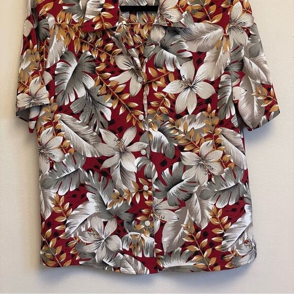 Vintage L Hawaiian button down blouse gray red orange tropical Tan Jay polyester - Picture 3 of 7